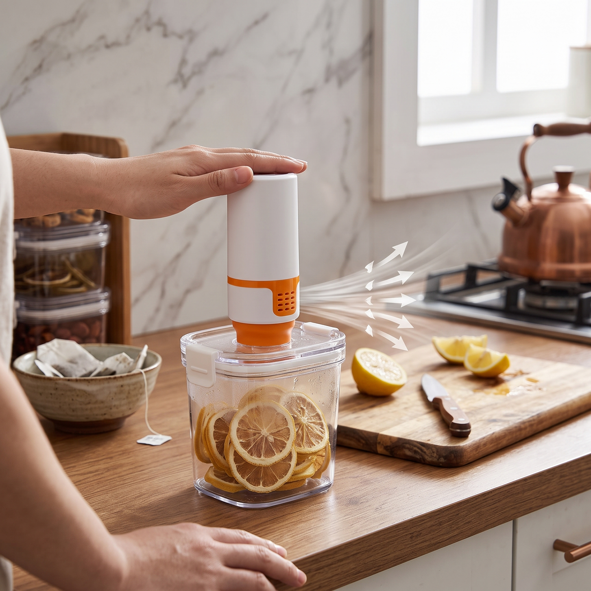 Electric vacuum seal coffee canister in use