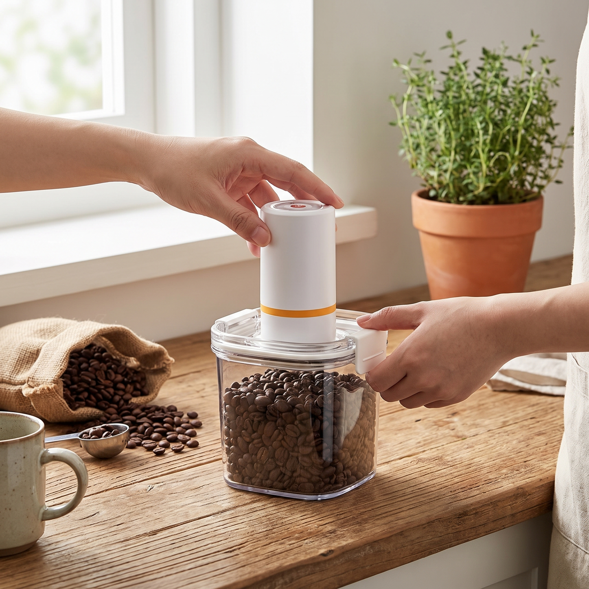 Electric vacuum seal coffee canister in use