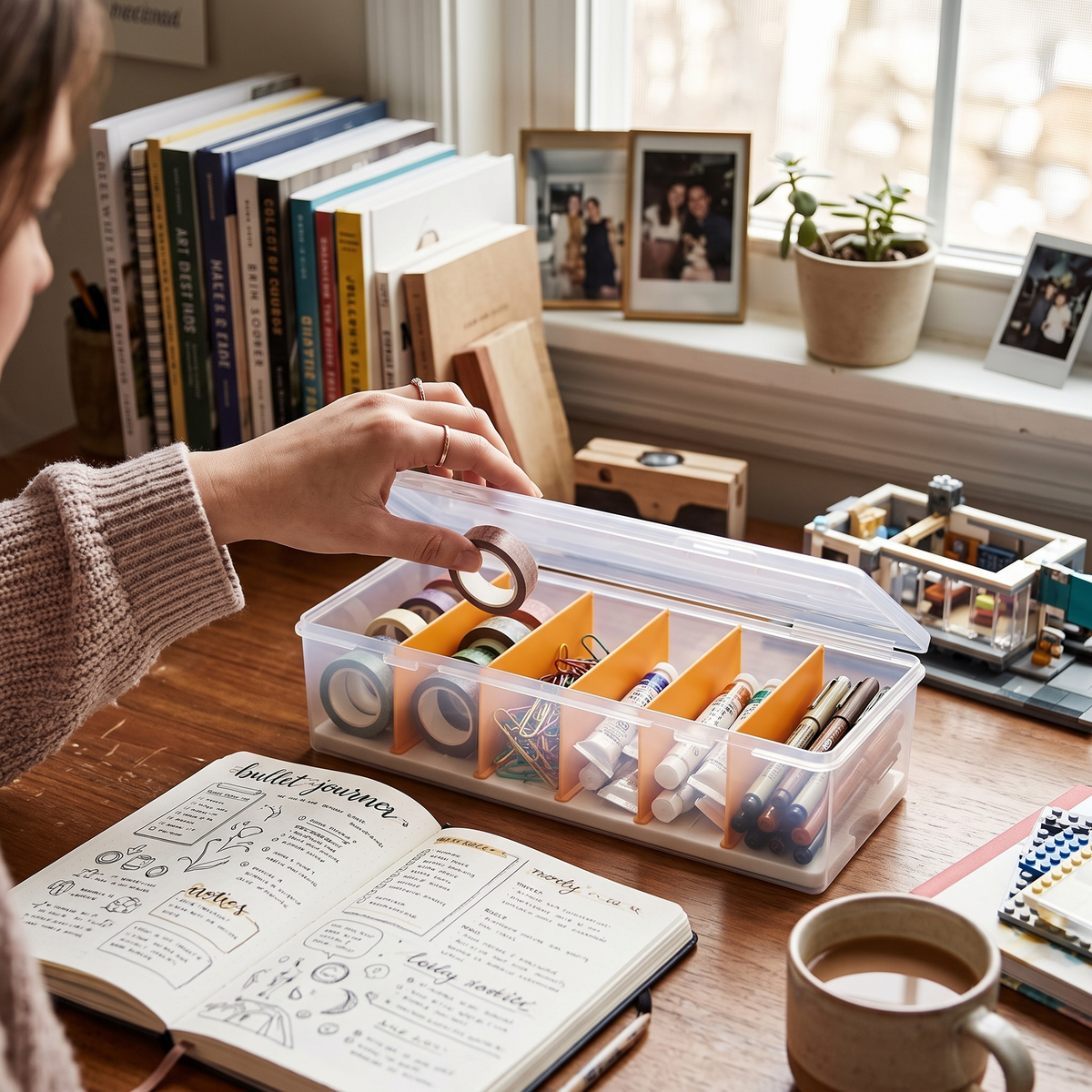 Game card storage box with dividers in use