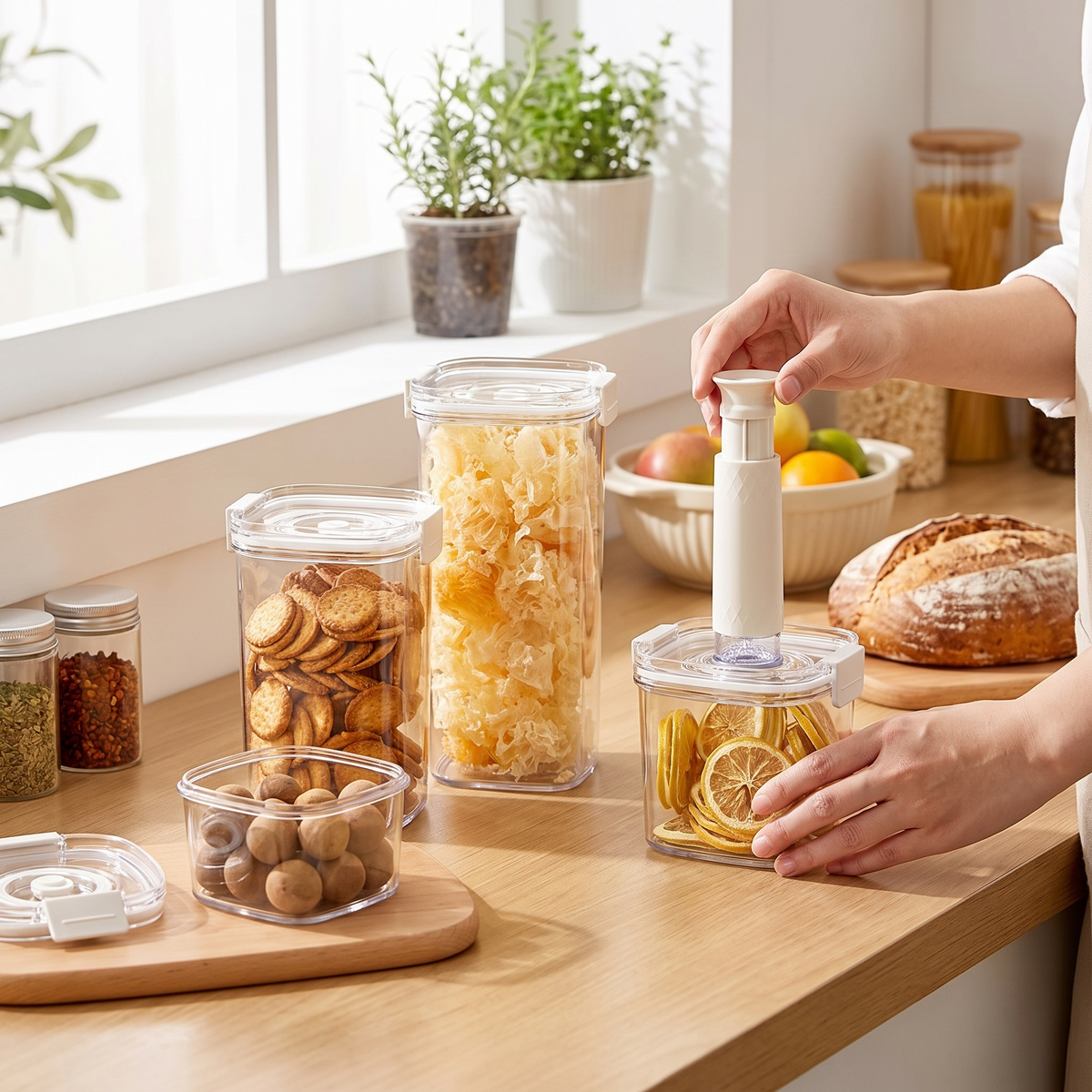 Electric vacuum seal coffee canister in use