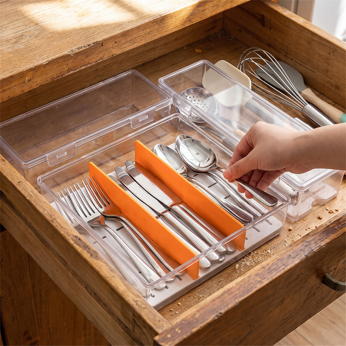 Game card storage box with dividers in use