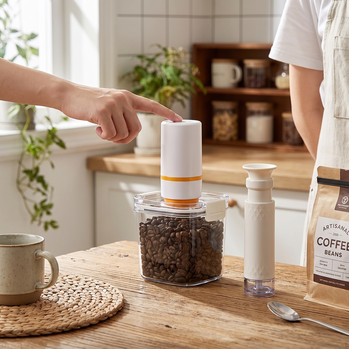 Electric vacuum seal coffee canister in use
