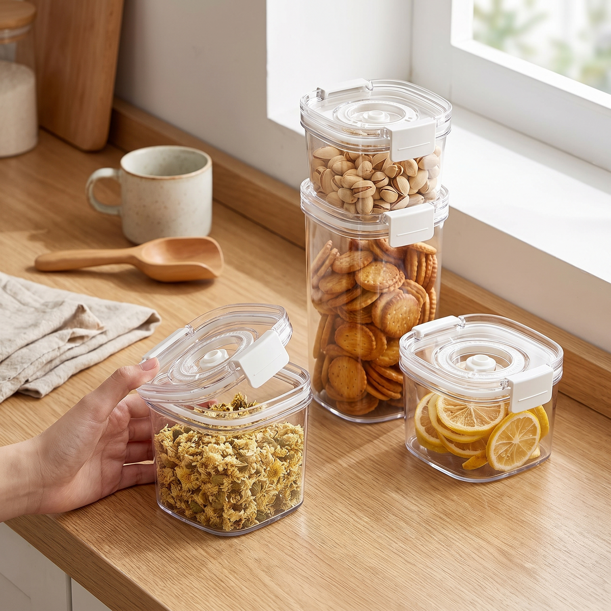 Electric vacuum seal coffee canister in use