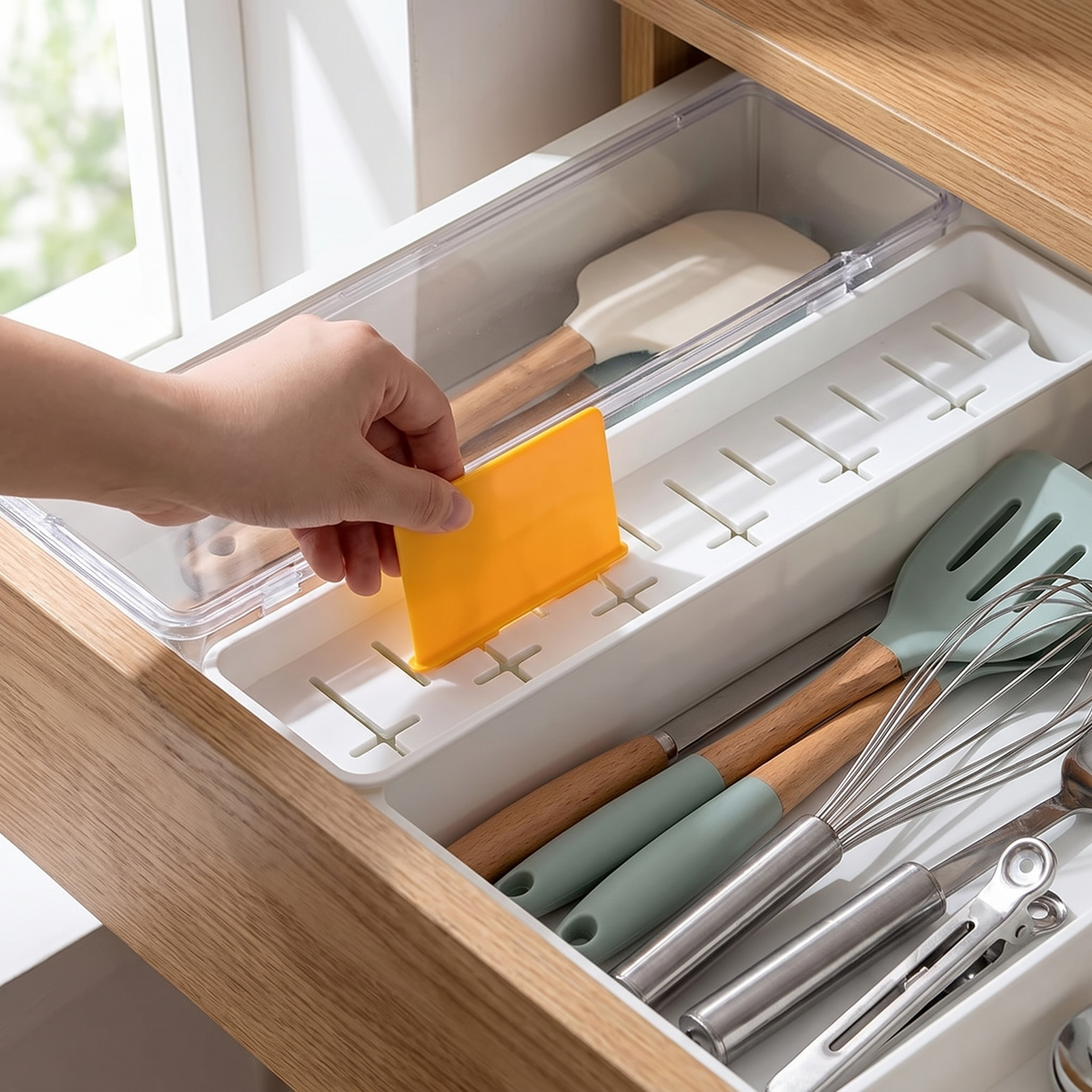 Game card storage box with dividers in use