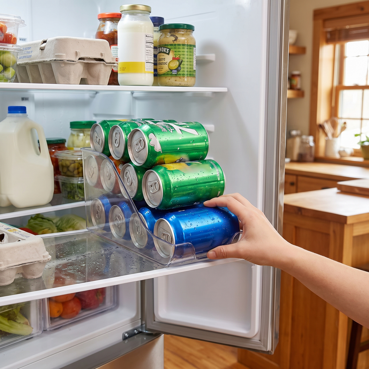 Fridge soda can rolling dispenser in use