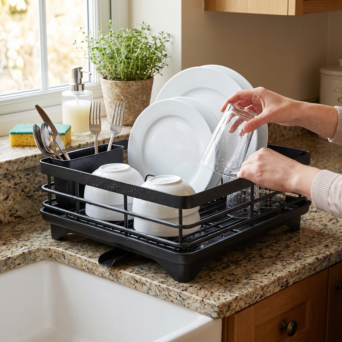 2-tier rotatable dish drying rack in use