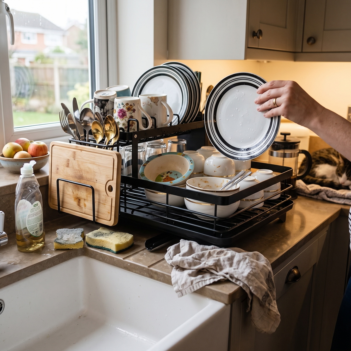 2-tier rotatable dish drying rack in use