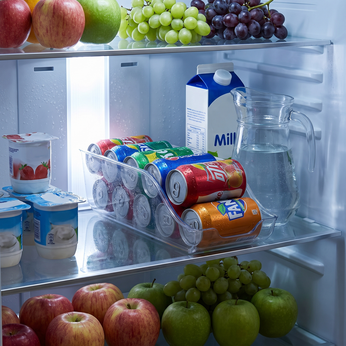 Fridge soda can rolling dispenser in use