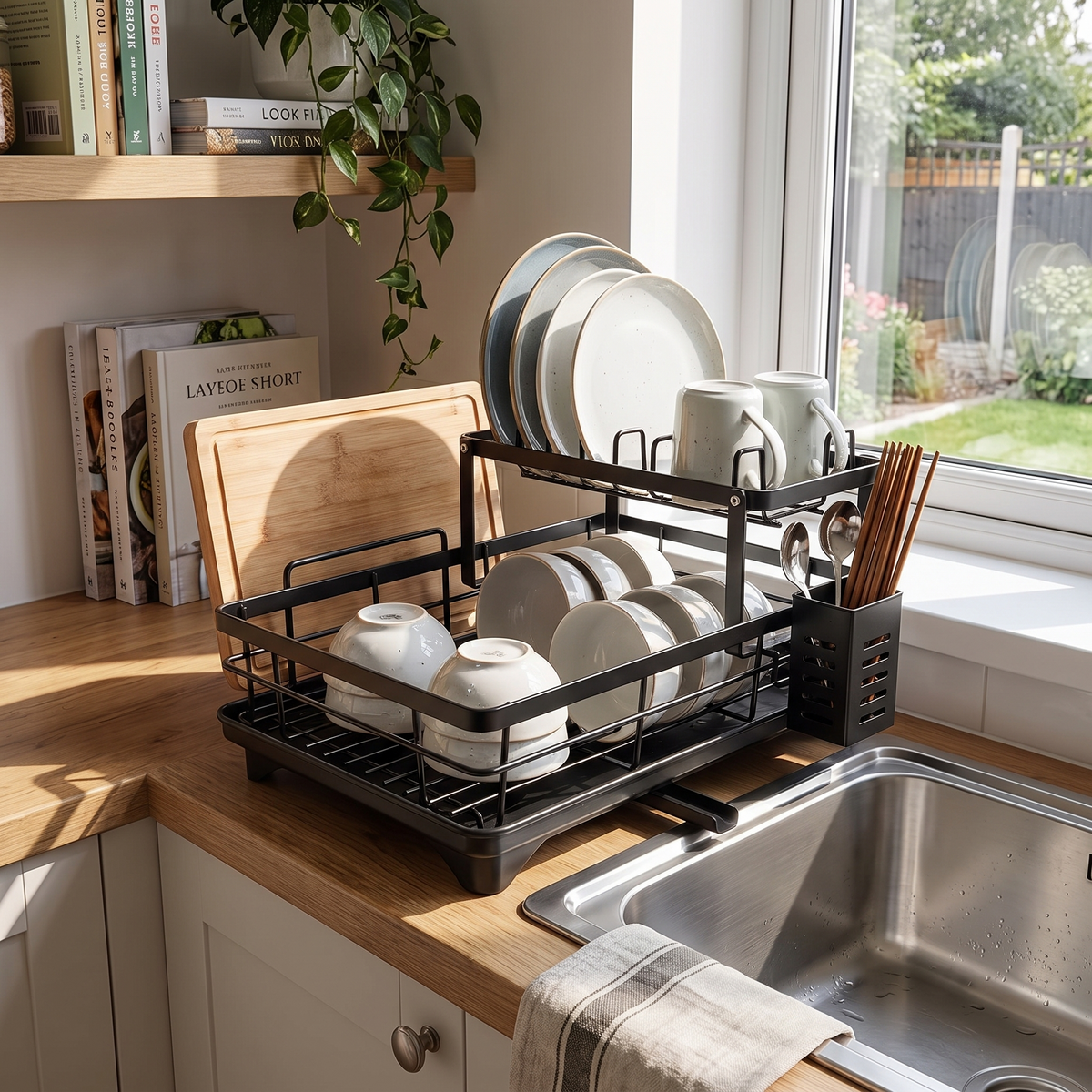 2-tier rotatable dish drying rack in use