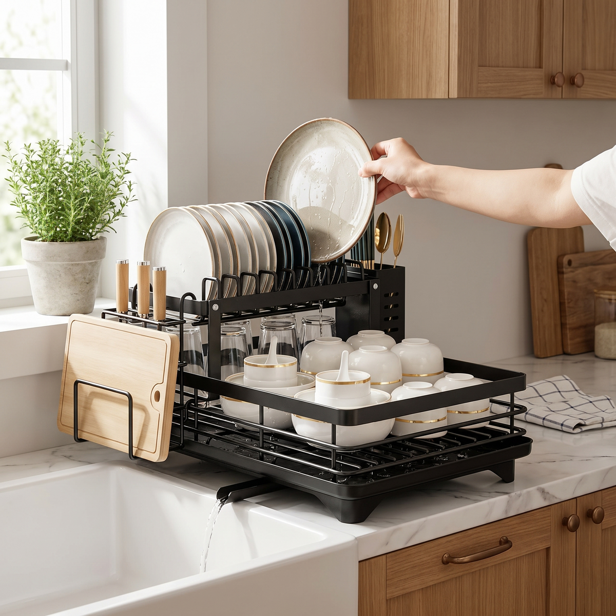 2-tier rotatable dish drying rack in use