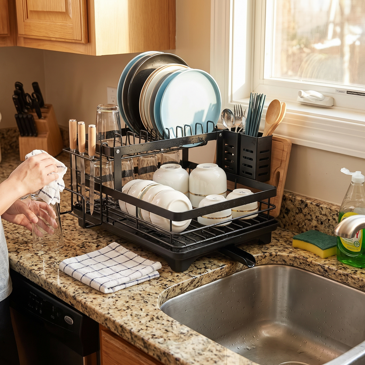 2-tier rotatable dish drying rack in use