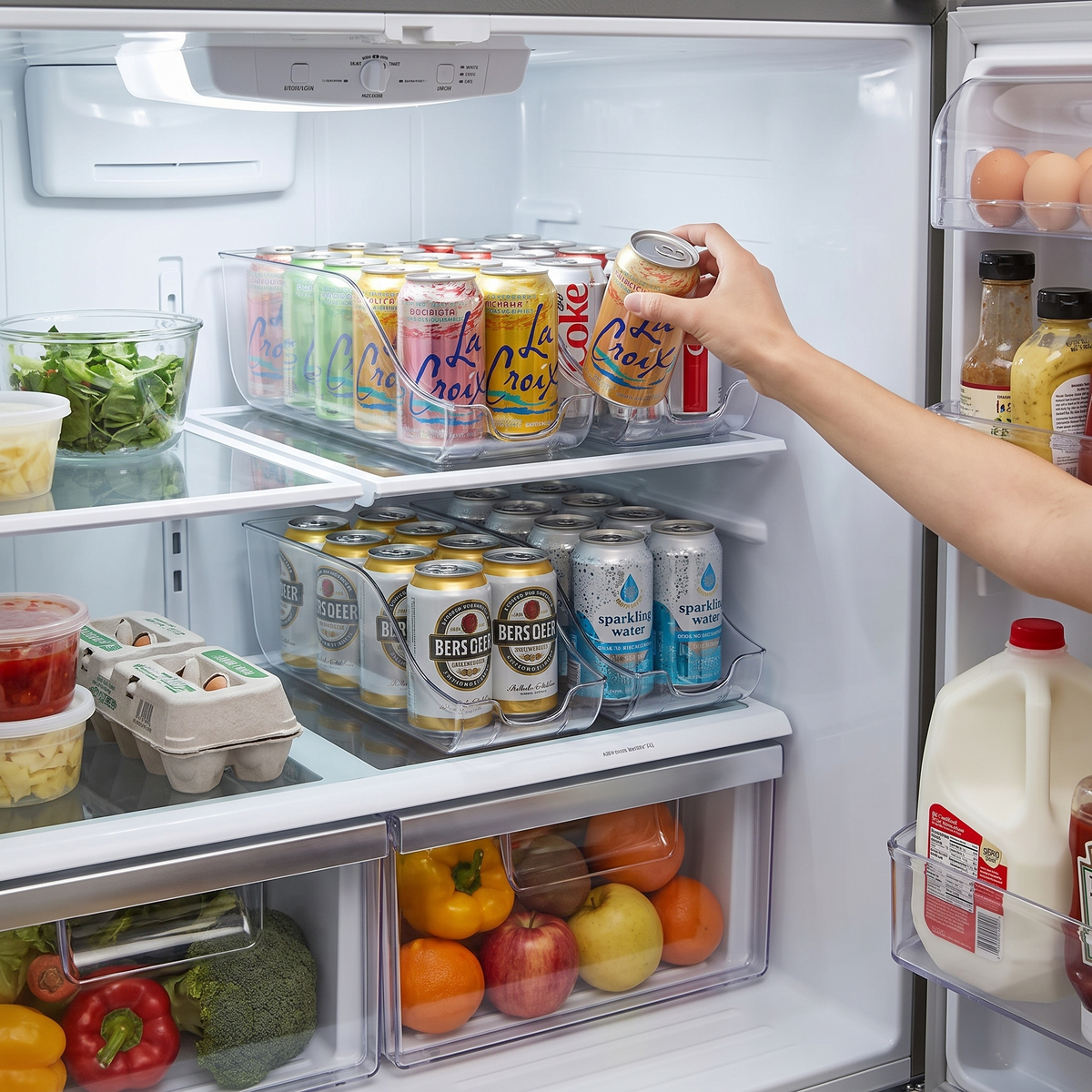 Fridge soda can rolling dispenser in use