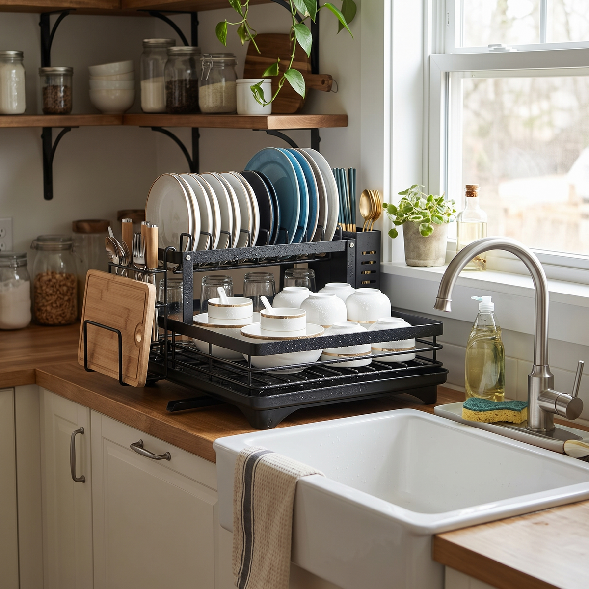 2-tier rotatable dish drying rack in use