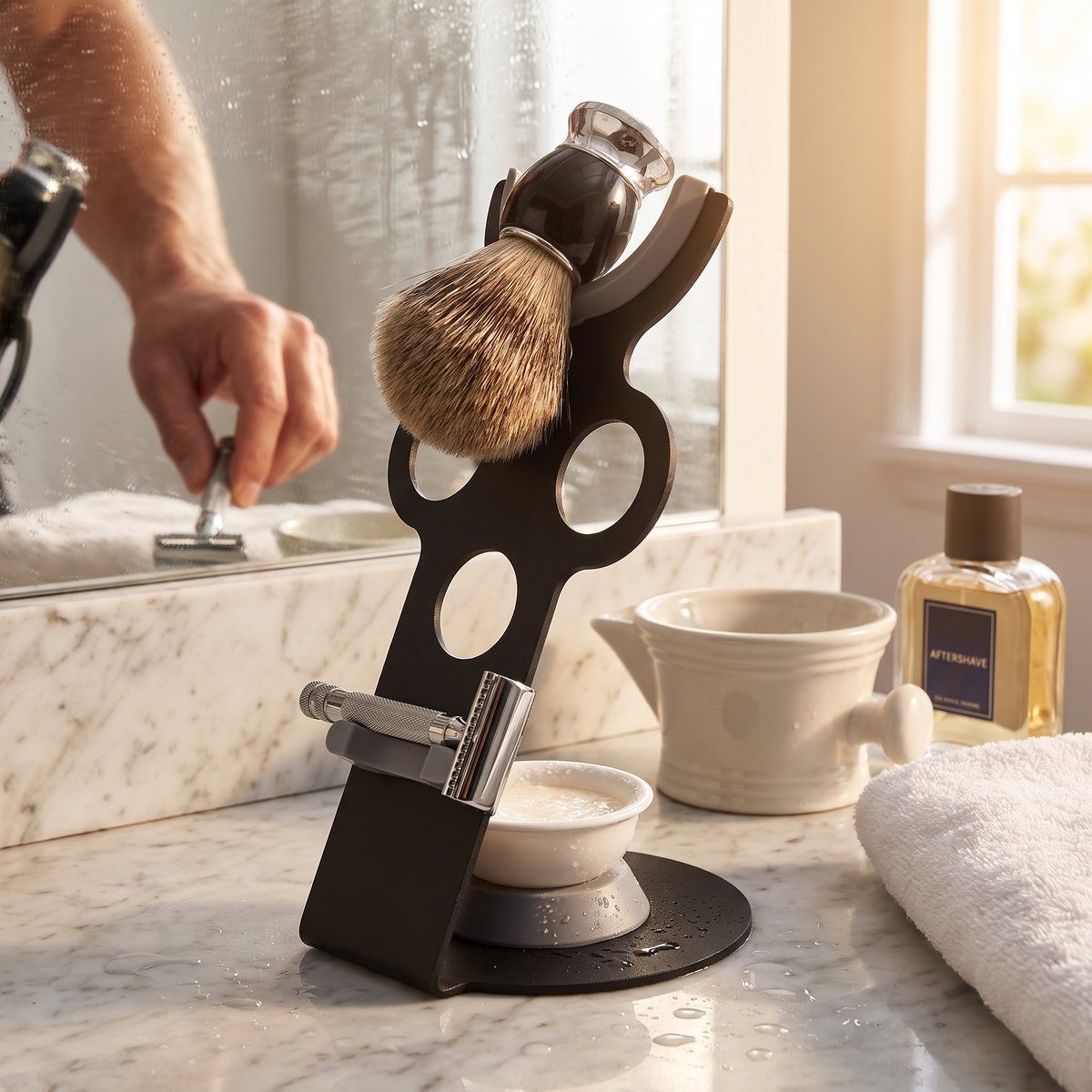 Hair dryer stand with attachment storage in use