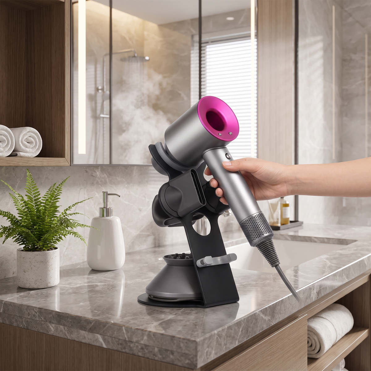 Hair dryer stand with attachment storage in use