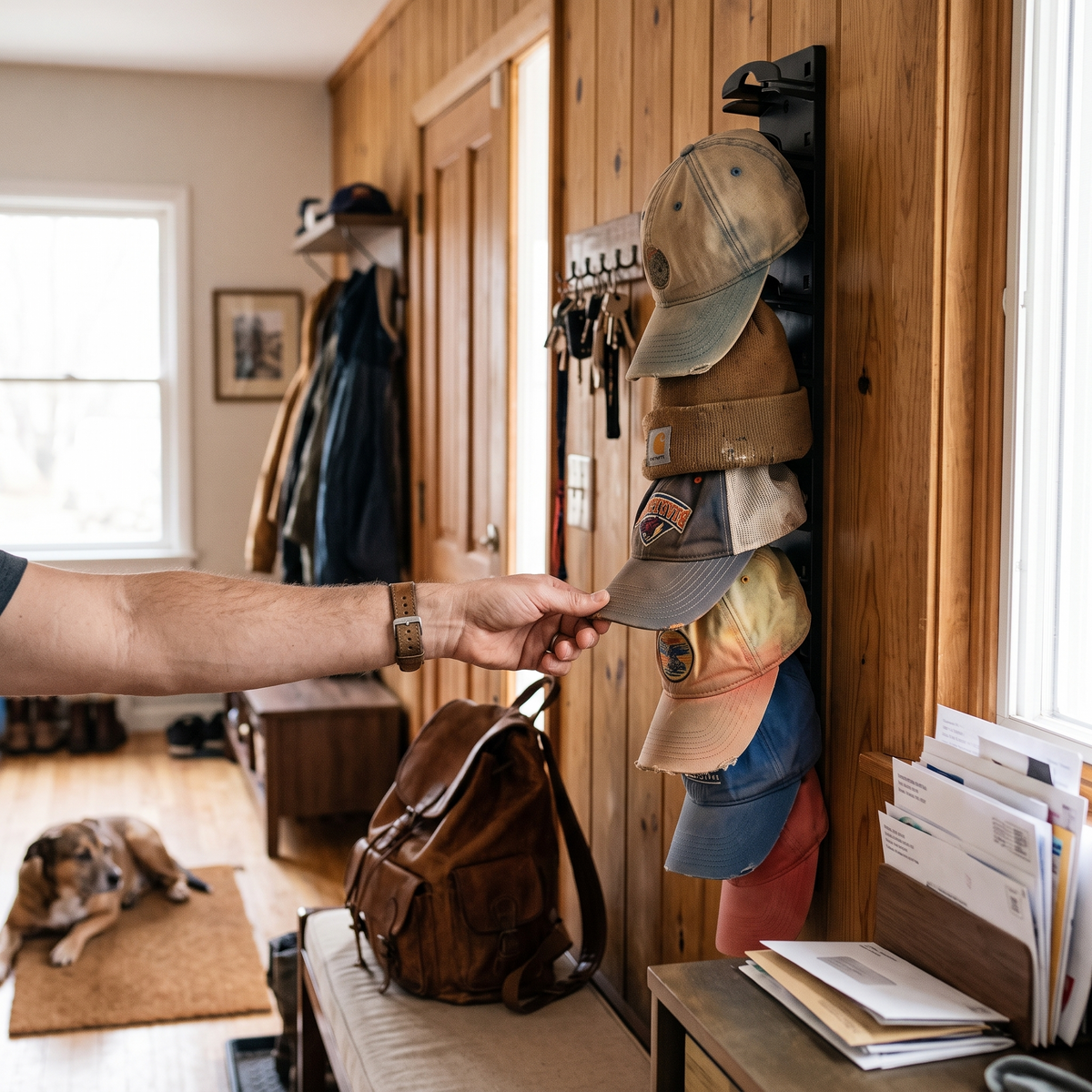 10-grid wall mounted baseball cap rack in use