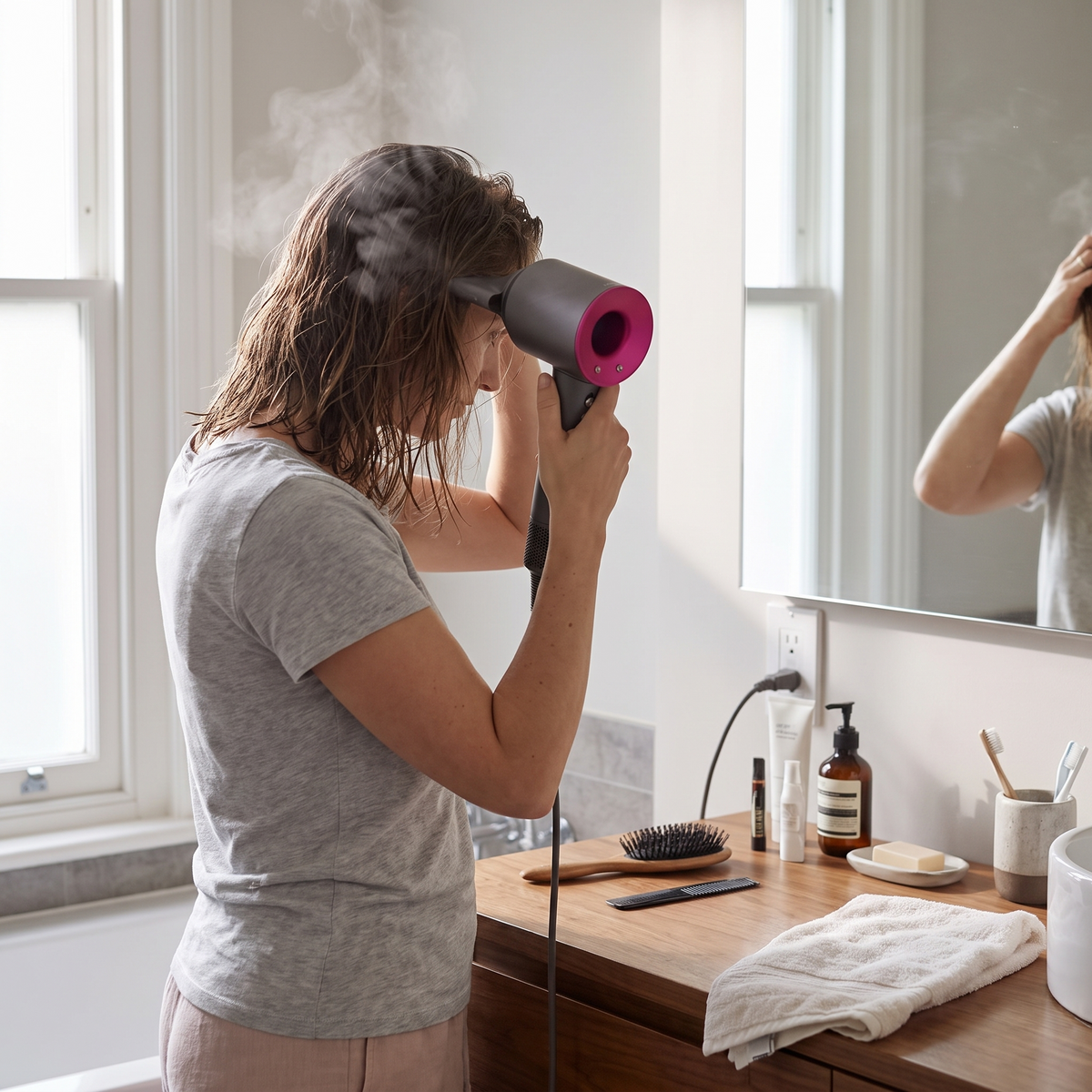 Hair dryer stand with attachment storage in use