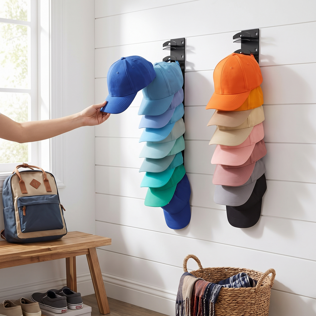 10-grid wall mounted baseball cap rack in use
