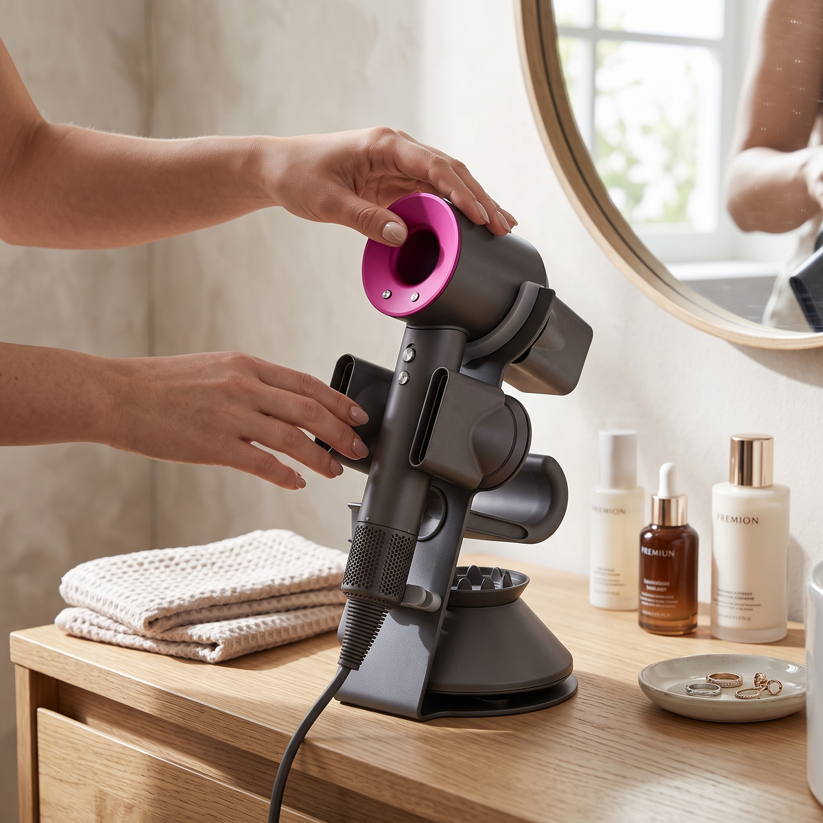 Hair dryer stand with attachment storage in use