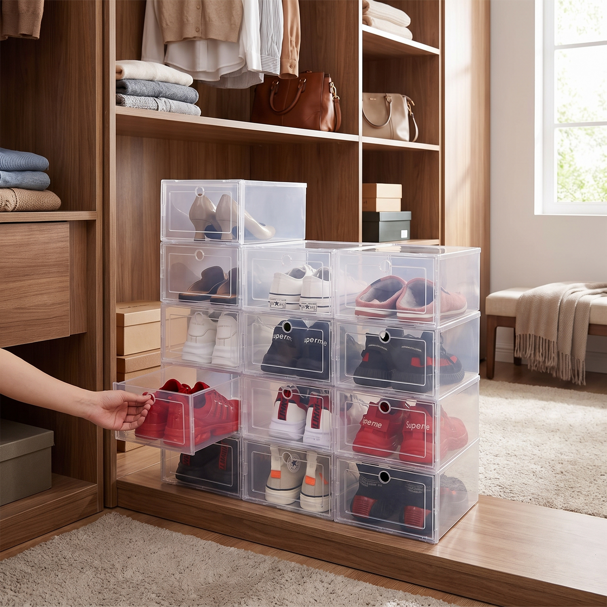 Stackable clear shoe boxes in use