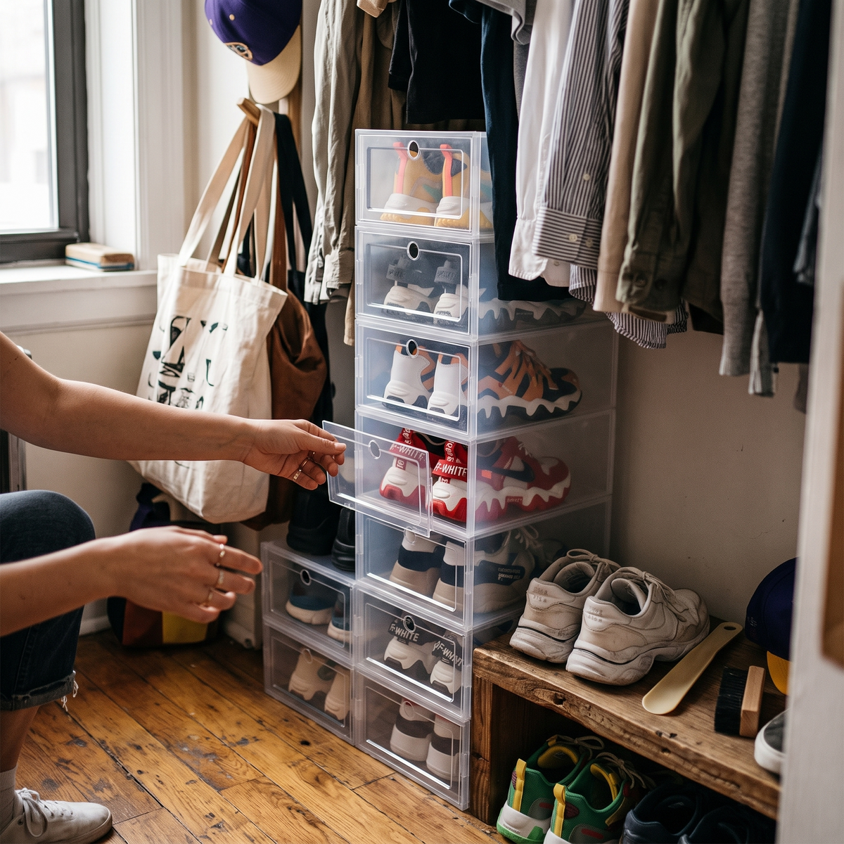 Stackable clear shoe boxes in use