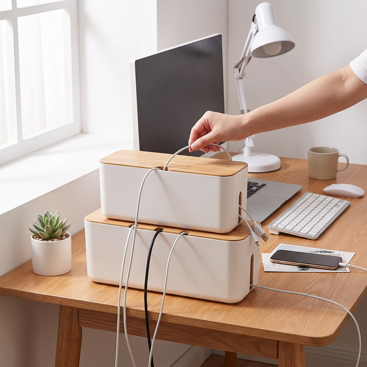 Bamboo lid cable management box in use
