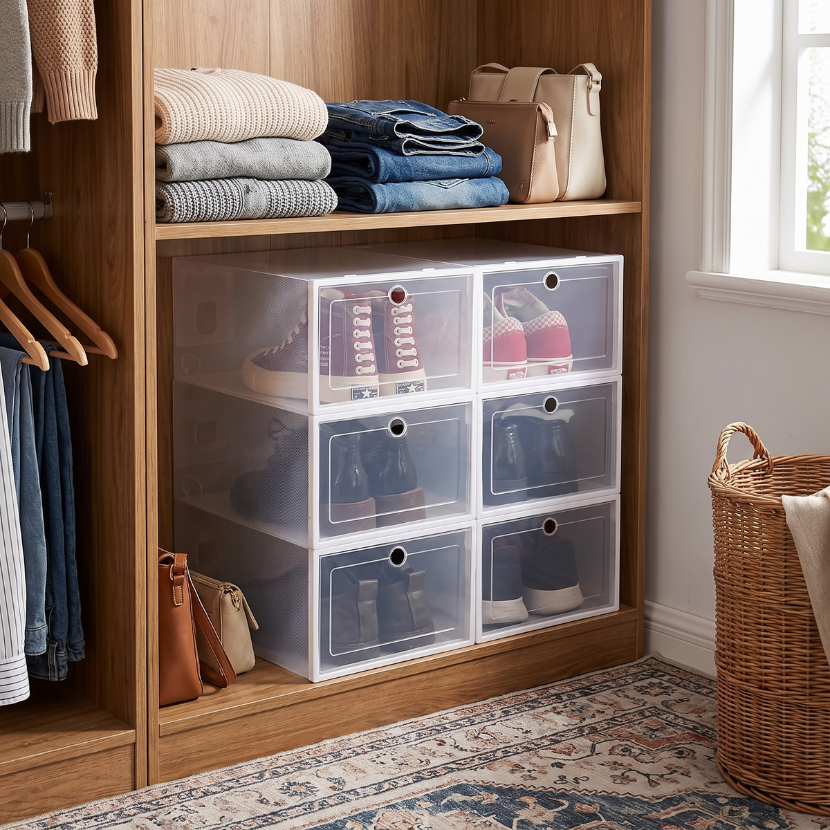 Stackable clear shoe boxes in use