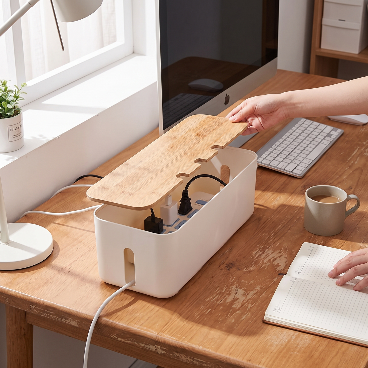 Bamboo lid cable management box in use