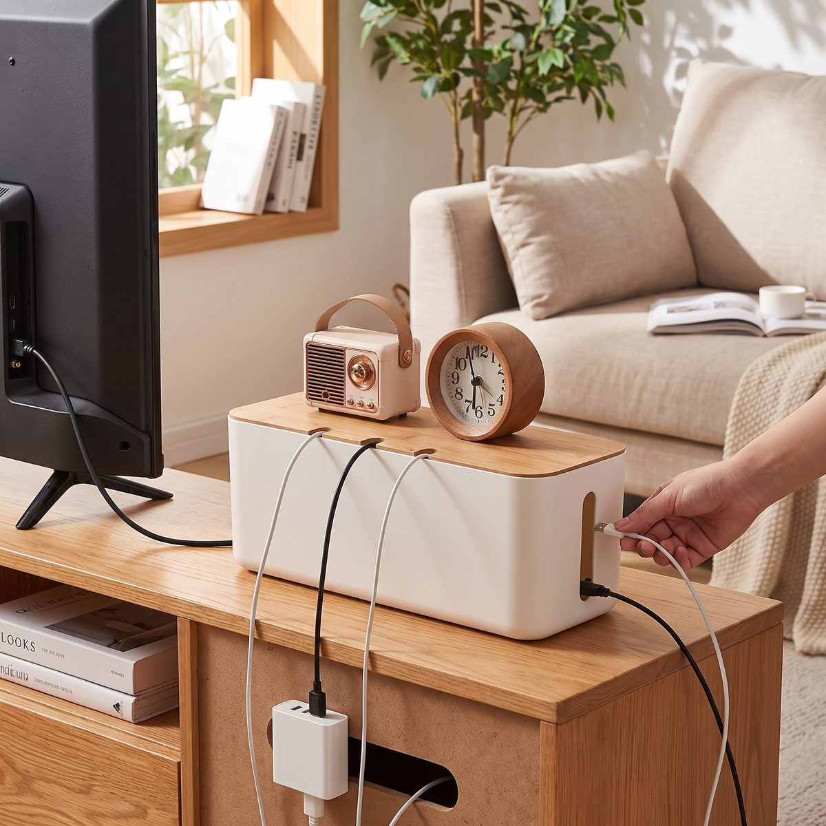 Bamboo lid cable management box in use