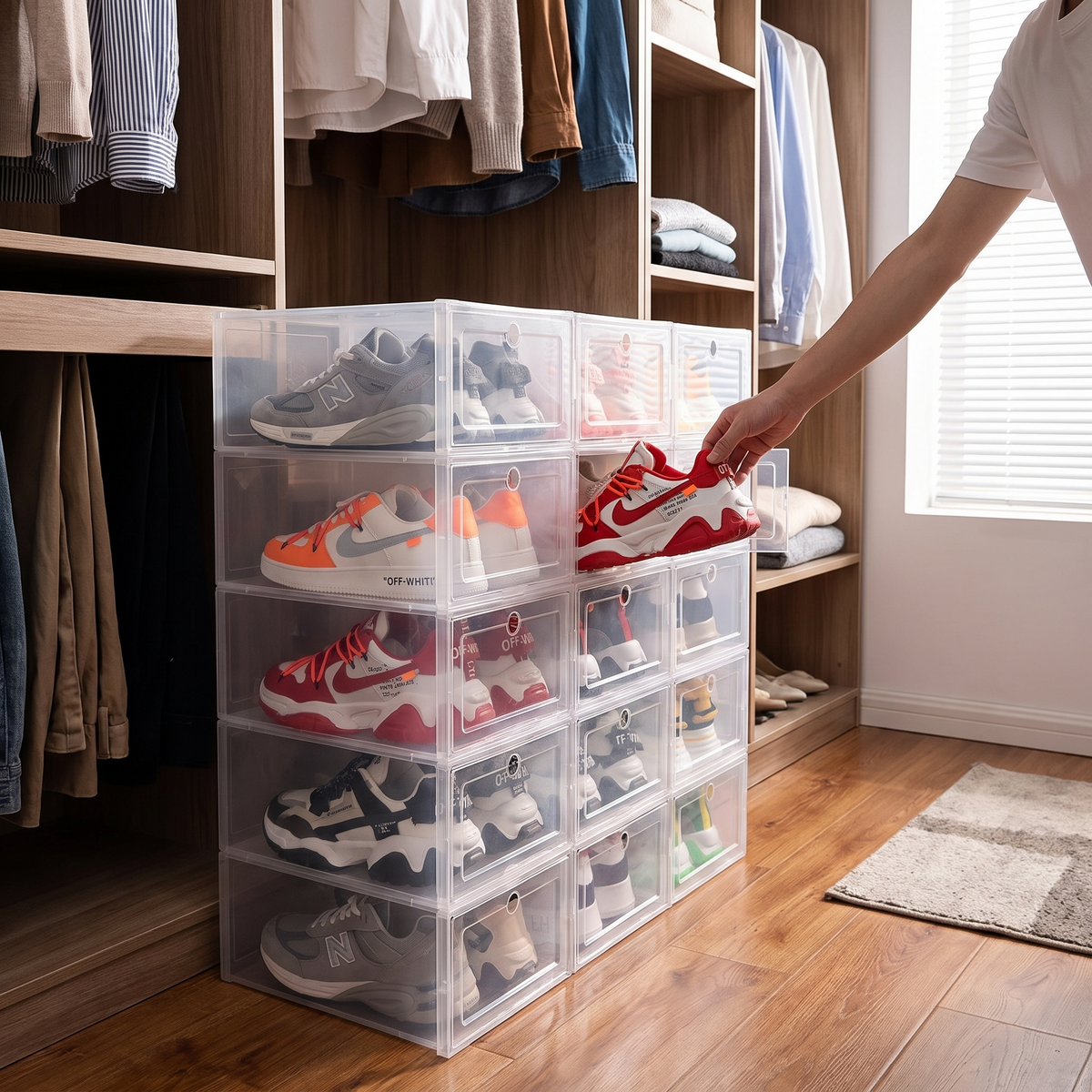 Stackable clear shoe boxes in use