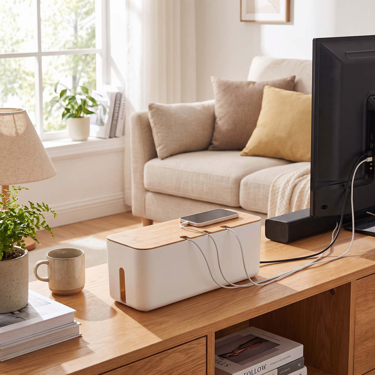 Bamboo lid cable management box in use