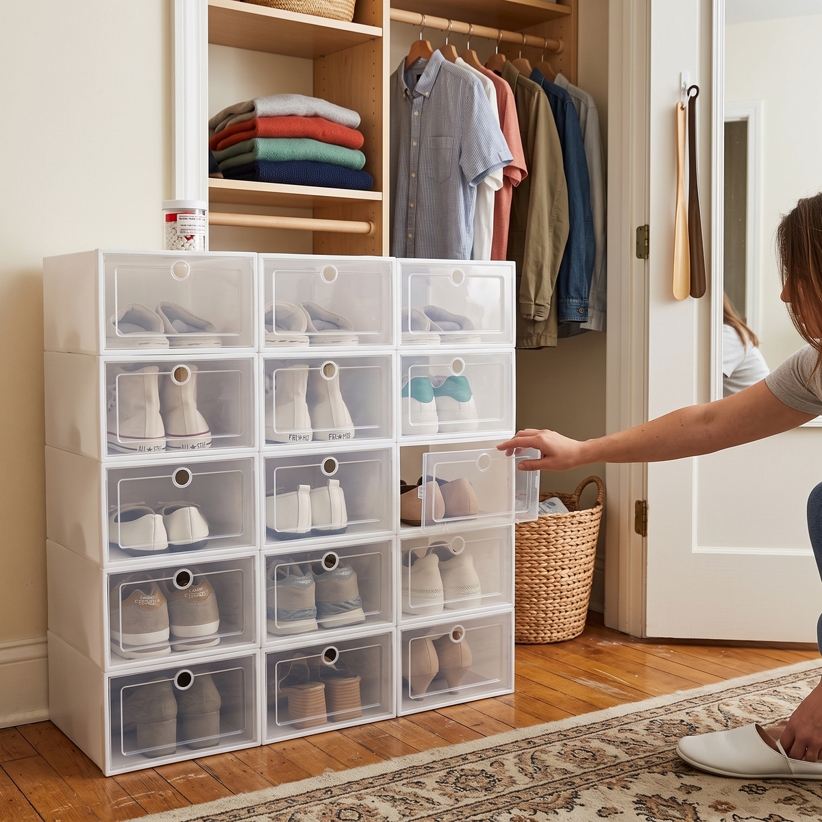 Stackable clear shoe boxes in use