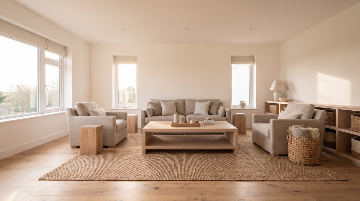Calm sunlit ordered California home interior