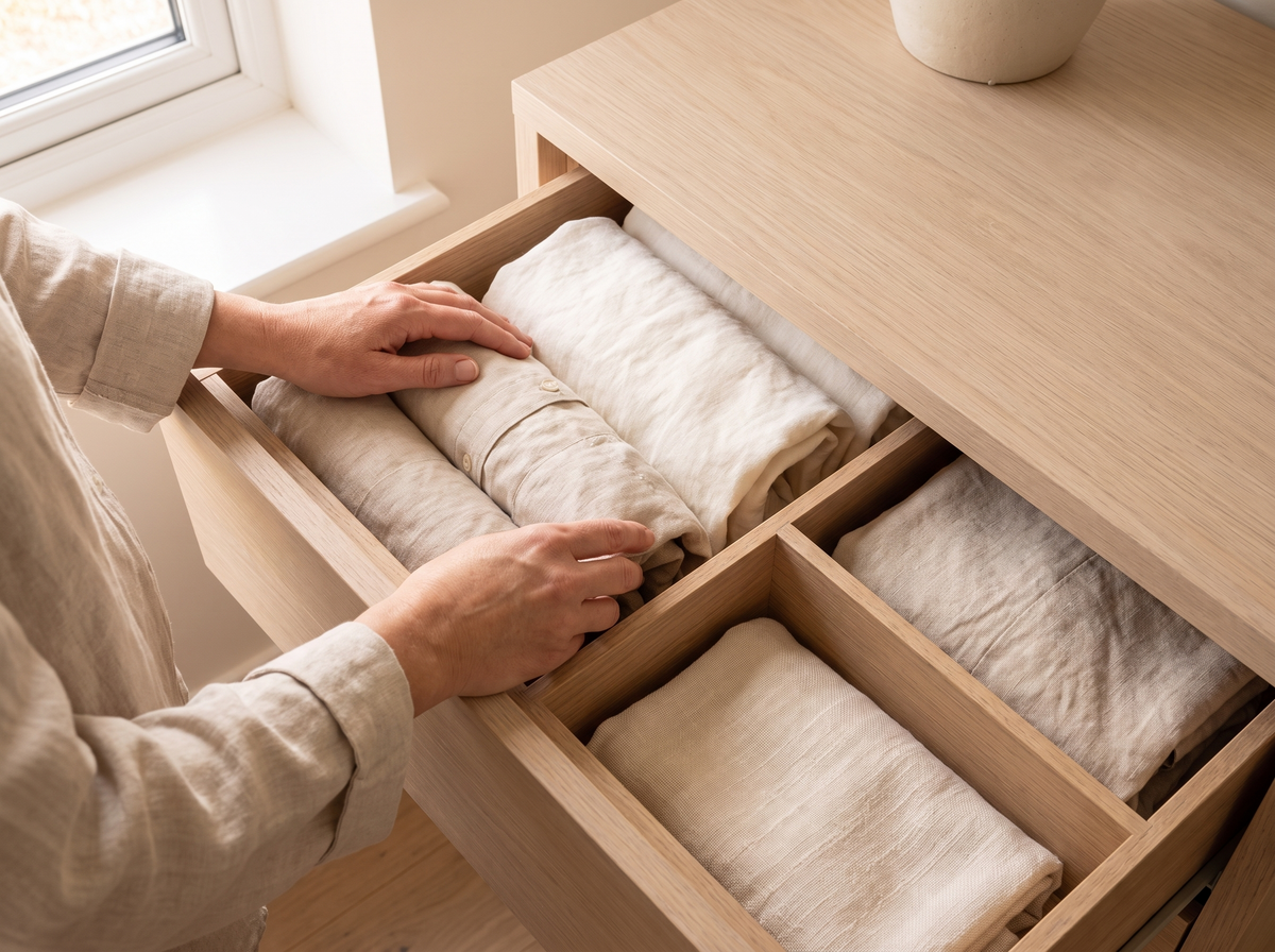 Hands settling folded items into a divided drawer organizer