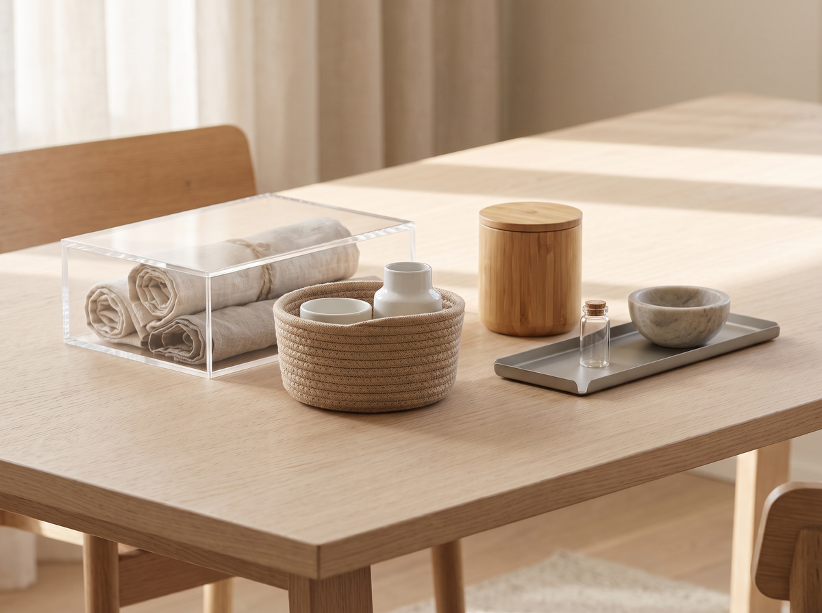 A curated group of home storage pieces on a pale oak table