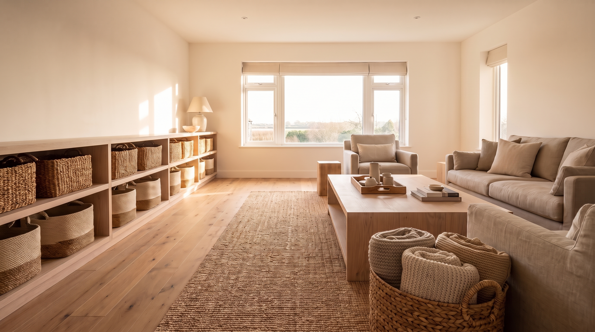Spacious ordered room at golden hour