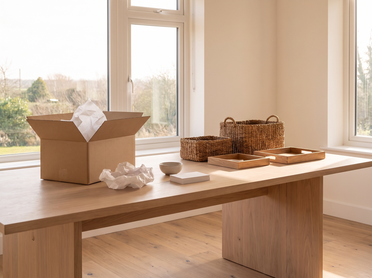 Storage pieces and plain packing materials on a sunlit table