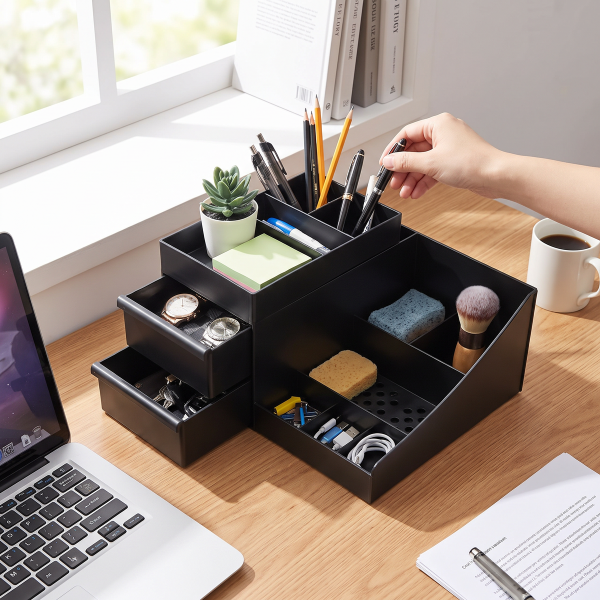 Cologne and perfume stand with drawers in use
