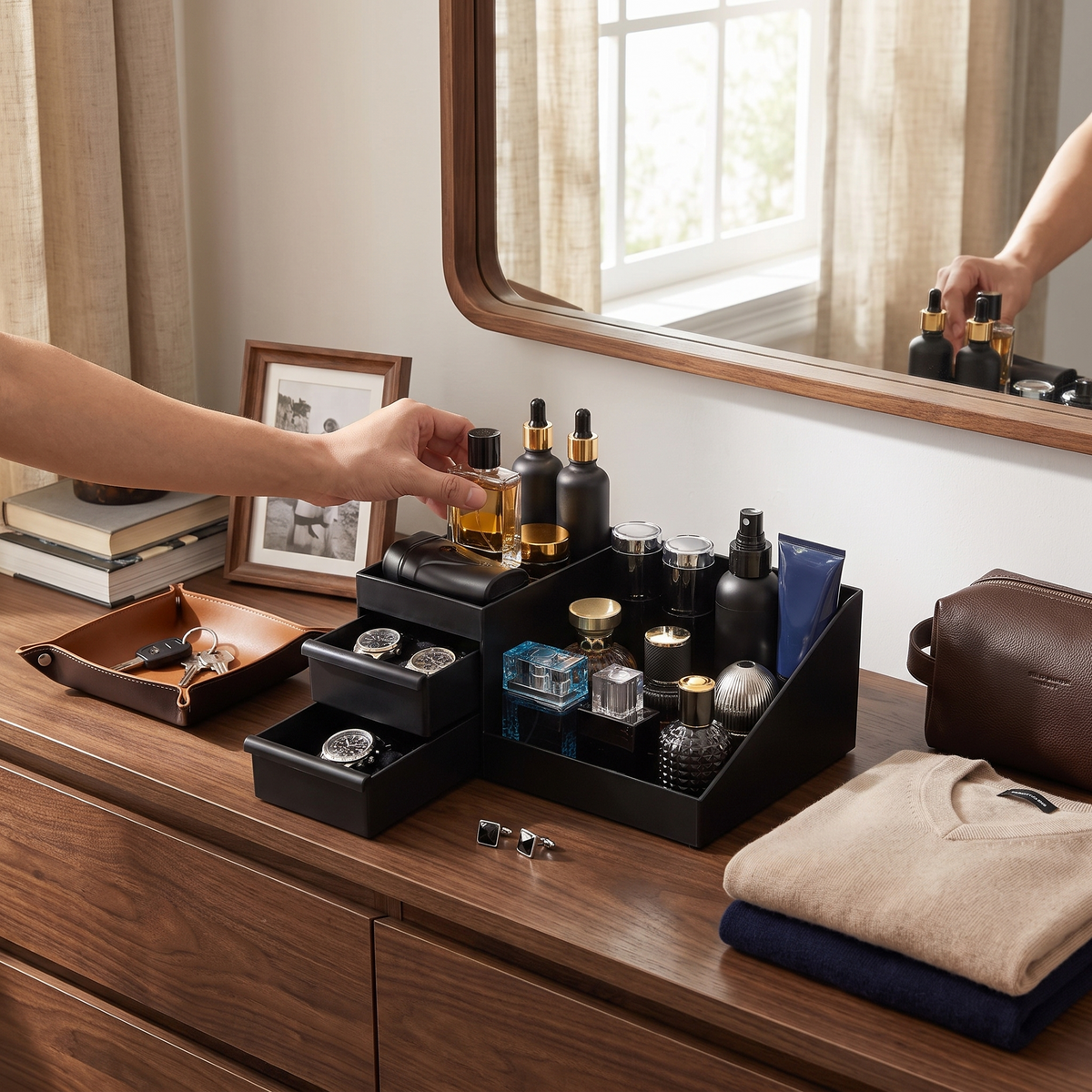 Cologne and perfume stand with drawers in use