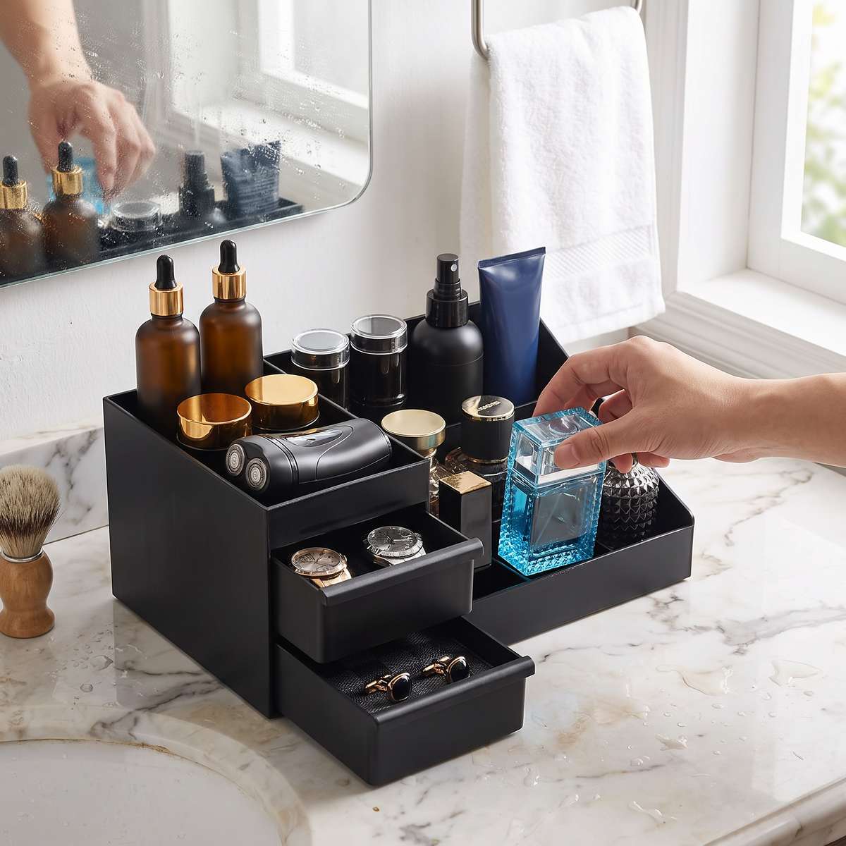 Cologne and perfume stand with drawers in use