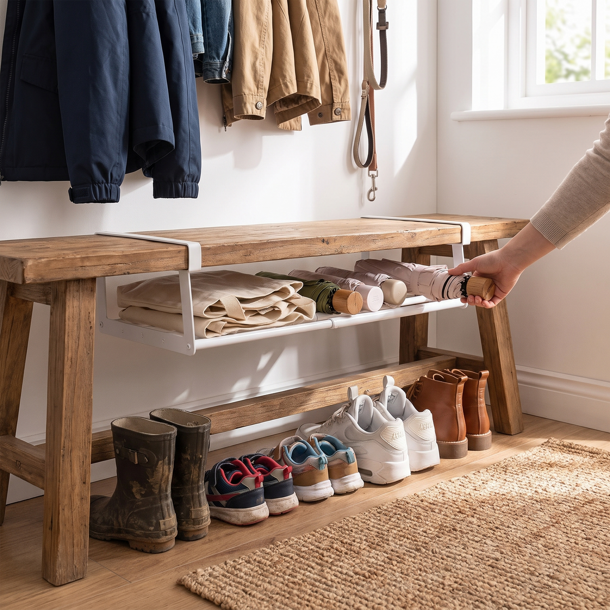 Adjustable under-shelf shoe rack in use