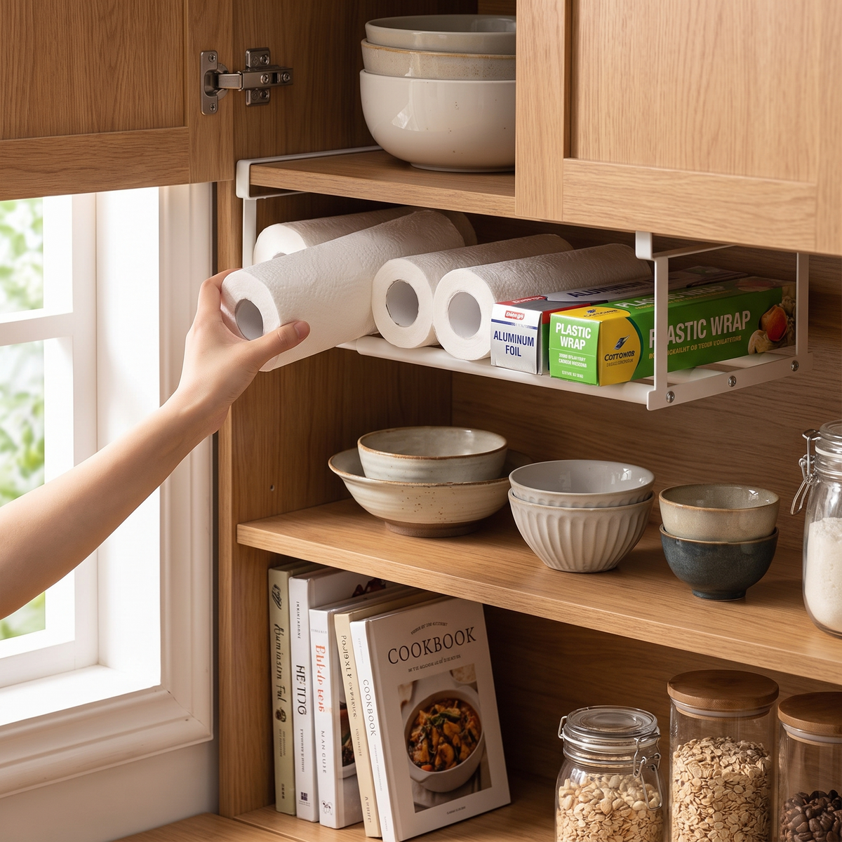 Adjustable under-shelf shoe rack in use