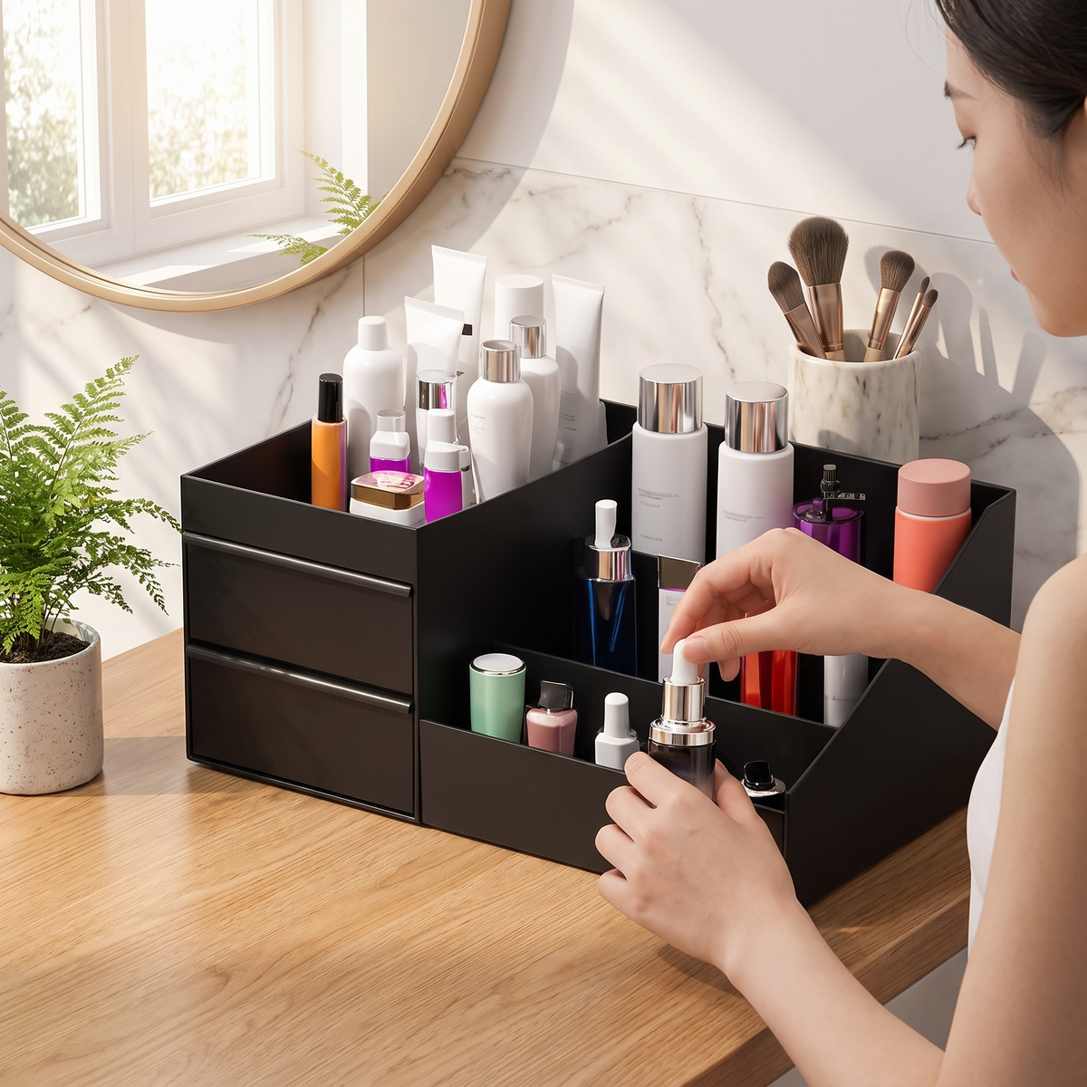 Cologne and perfume stand with drawers in use