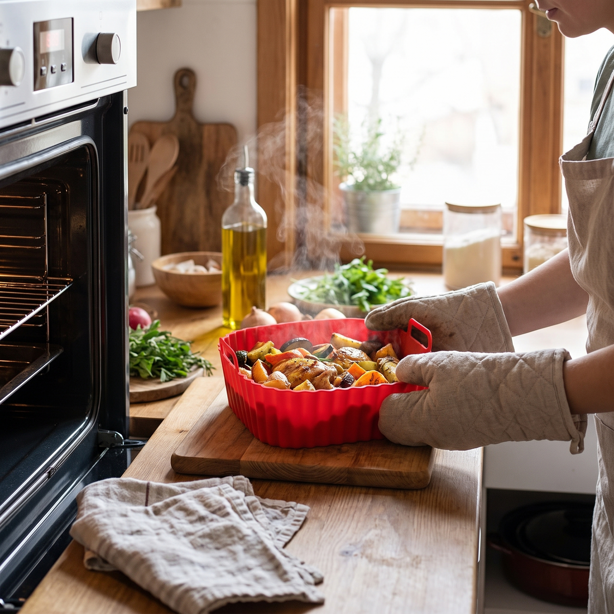 Silicone air fryer tray in use