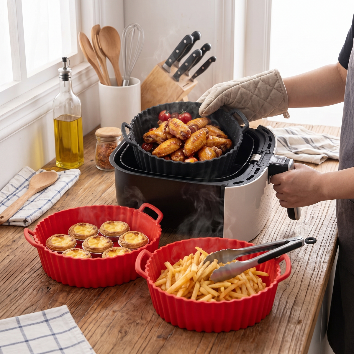 Silicone air fryer tray in use