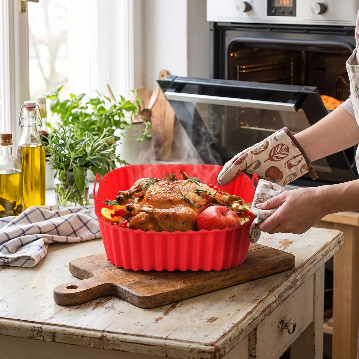 Silicone air fryer tray in use