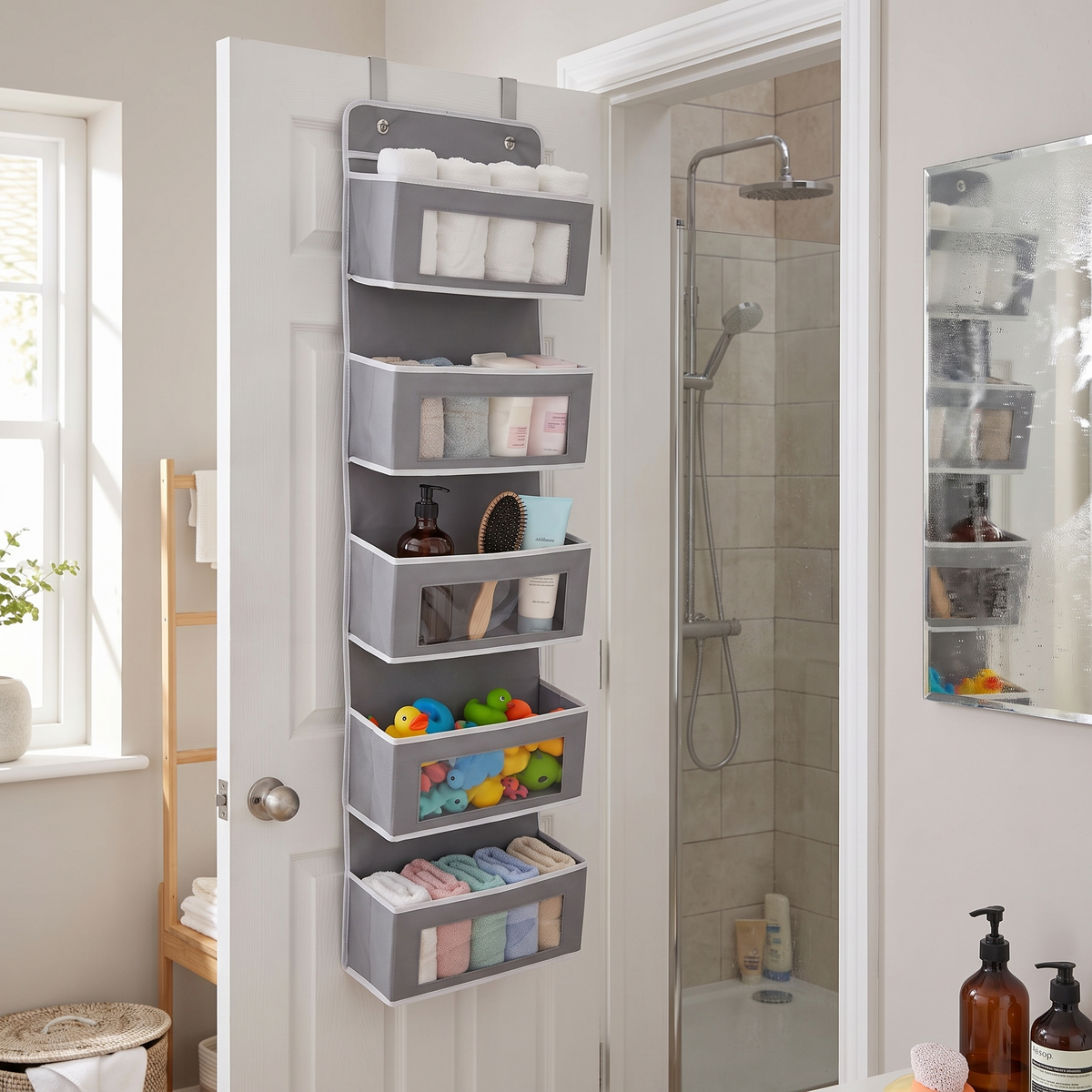 5-shelf over-door hanging organizer in use