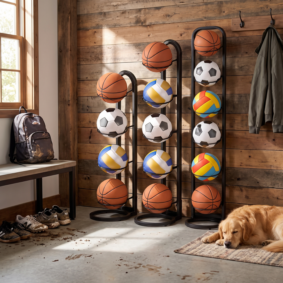 Metal sports ball storage rack in use