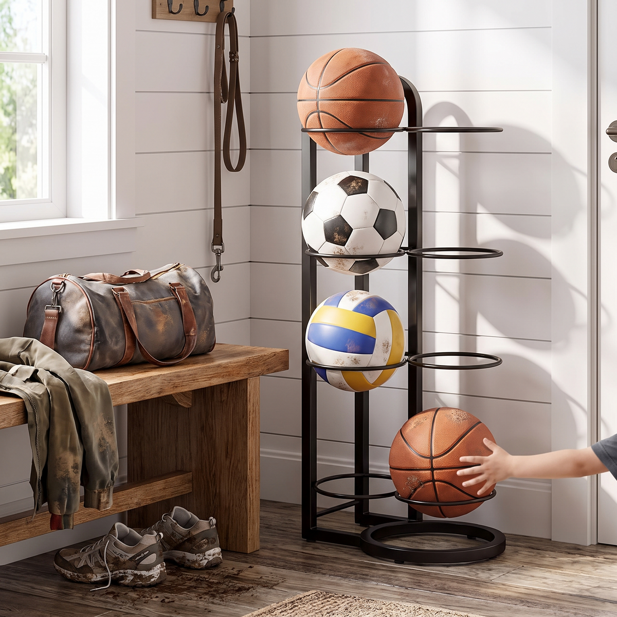 Metal sports ball storage rack in use