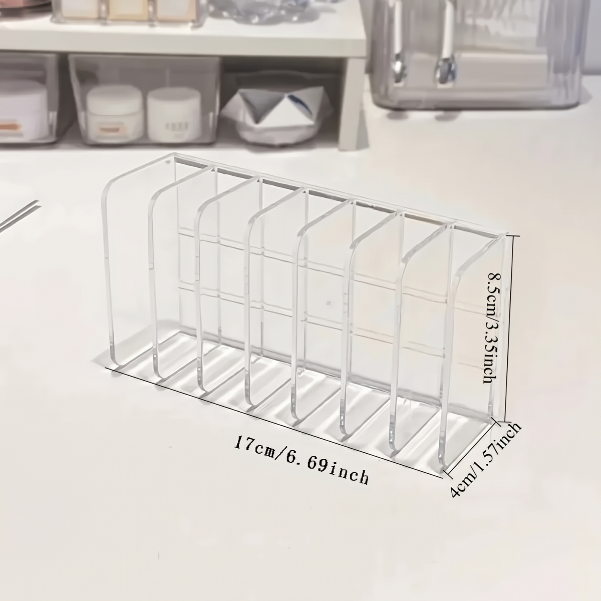 7 Slot Clear Makeup Organizer dimensions 17cm by 8.5cm by 4cm